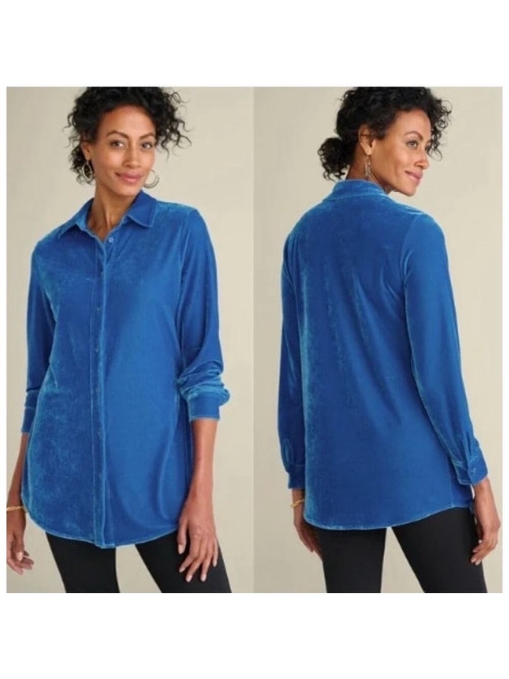 Soft Surroundings Royal Blue Boyfriend Velvet Tunic Button Up Shirt Sz M (10-12)